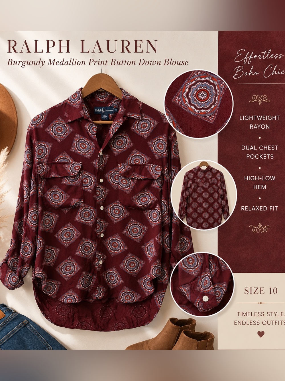 Ralph Lauren Burgundy Medallion Print Button-Down Blouse